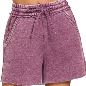 Acid Wash Fleece Drawstring Shorts with Pockets – Comfy High-Waisted Lounge Shor